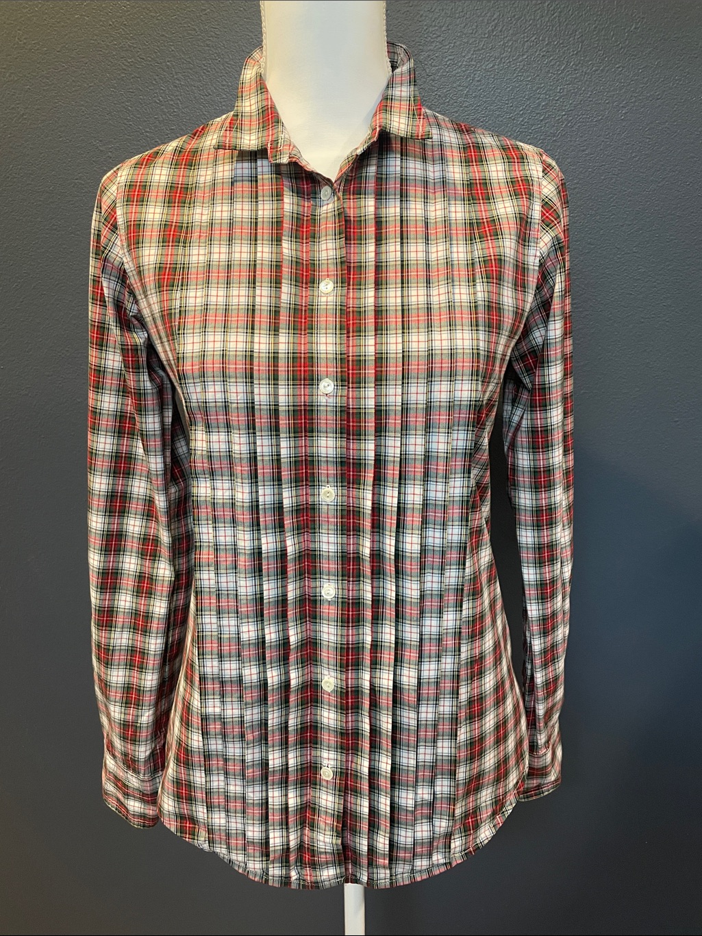 J. Crew Women’s Tartan Plaid Button-Down Shirt W/Pleated Details.